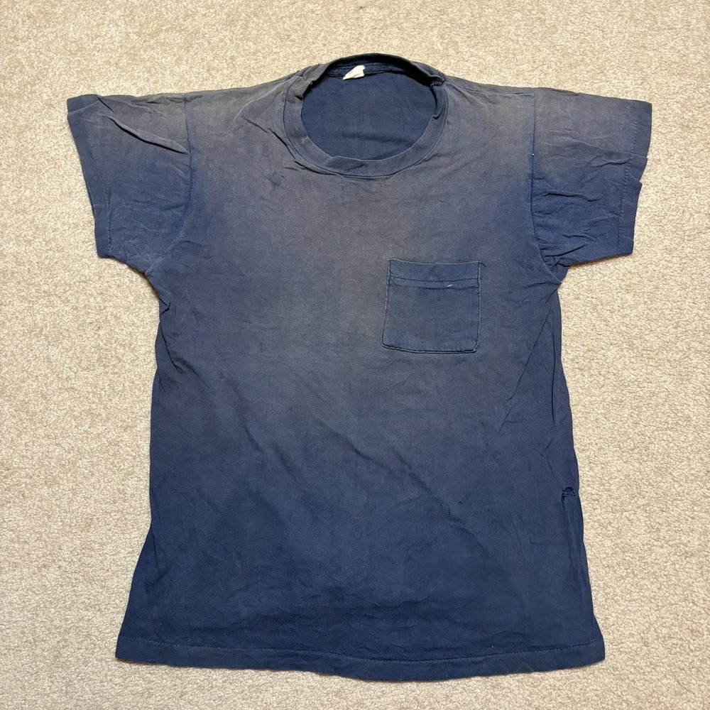 Vtg 60s Fruit of the Loom Shirt Medium Blue Selvedge Pocket Tee Faded Distressed